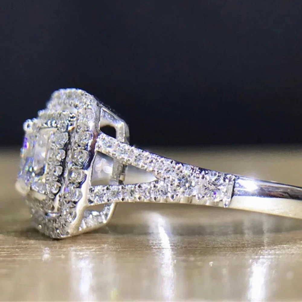 😍PRINCESS CUT 14K WHITE GOLD PURE CZ SQUARE BEAUTIFUL LUXURY WEDDING RING, K904